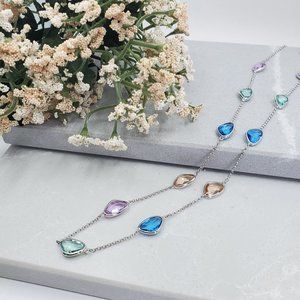Sterling Silver Long Necklace with Colored Genuine